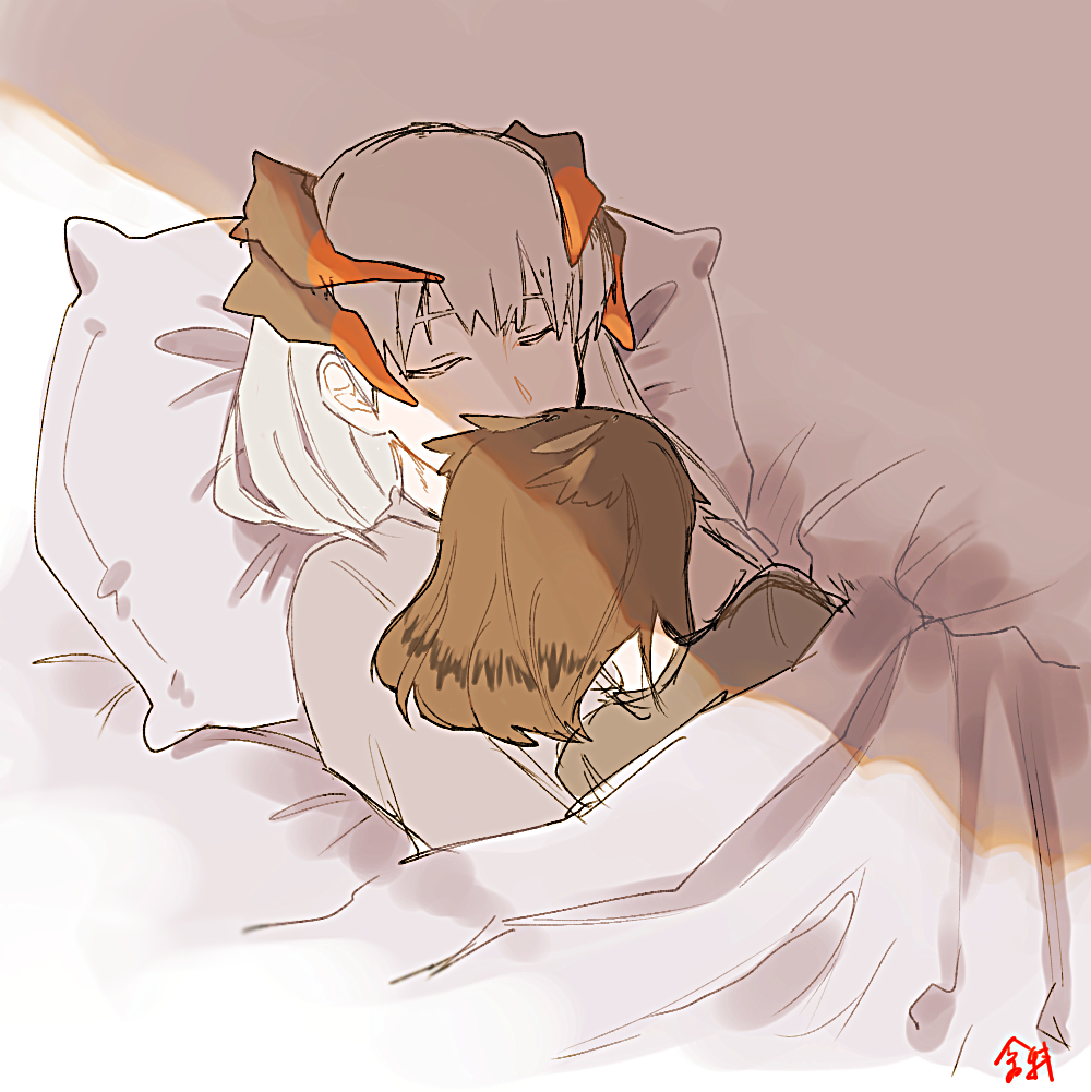 2girls arknights bangs brown_hair closed_eyes commentary_request dragon_horns feather_hair horns kawaii_inu5 long_hair medium_hair morning multiple_girls on_bed pillow saria_(arknights) silence_(arknights) silver_hair sleeping sunlight under_covers upper_body yuri