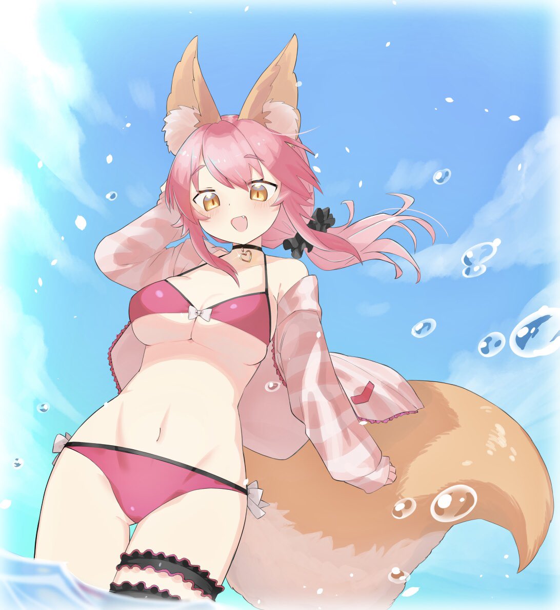 1girl beach bikini blue_sky breasts day dutch_angle fate/extra fate_(series) hood hoodie looking_at_viewer looking_down off_shoulder open_mouth partially_submerged pink_eyebrows pink_hair pink_swimsuit scrunchie sky solo standing stomach summer swimsuit tamamo_(fate)_(all) tsukimi_okayu two-piece_swimsuit underboob yellow_eyes
