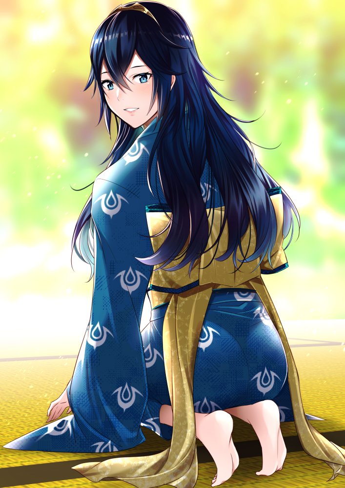 1girl ameno_(a_meno0) ass bangs barefoot blue_eyes blue_hair blue_kimono fire_emblem fire_emblem_awakening from_behind hair_between_eyes japanese_clothes kimono lips long_hair looking_back lucina_(fire_emblem) obi on_floor parted_lips sash seiza shiny shiny_hair sitting smile solo straight_hair symbol_in_eye teeth tiara