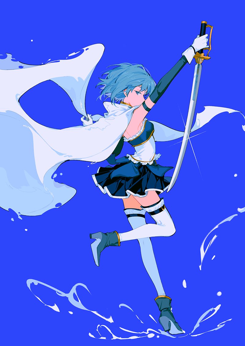 1girl blue_eyes blue_hair boots cape detached_sleeves dress gloves magical_girl mahou_shoujo_madoka_magica miki_sayaka short_hair simple_background solo sword thigh-highs ttk211 weapon white_gloves white_legwear