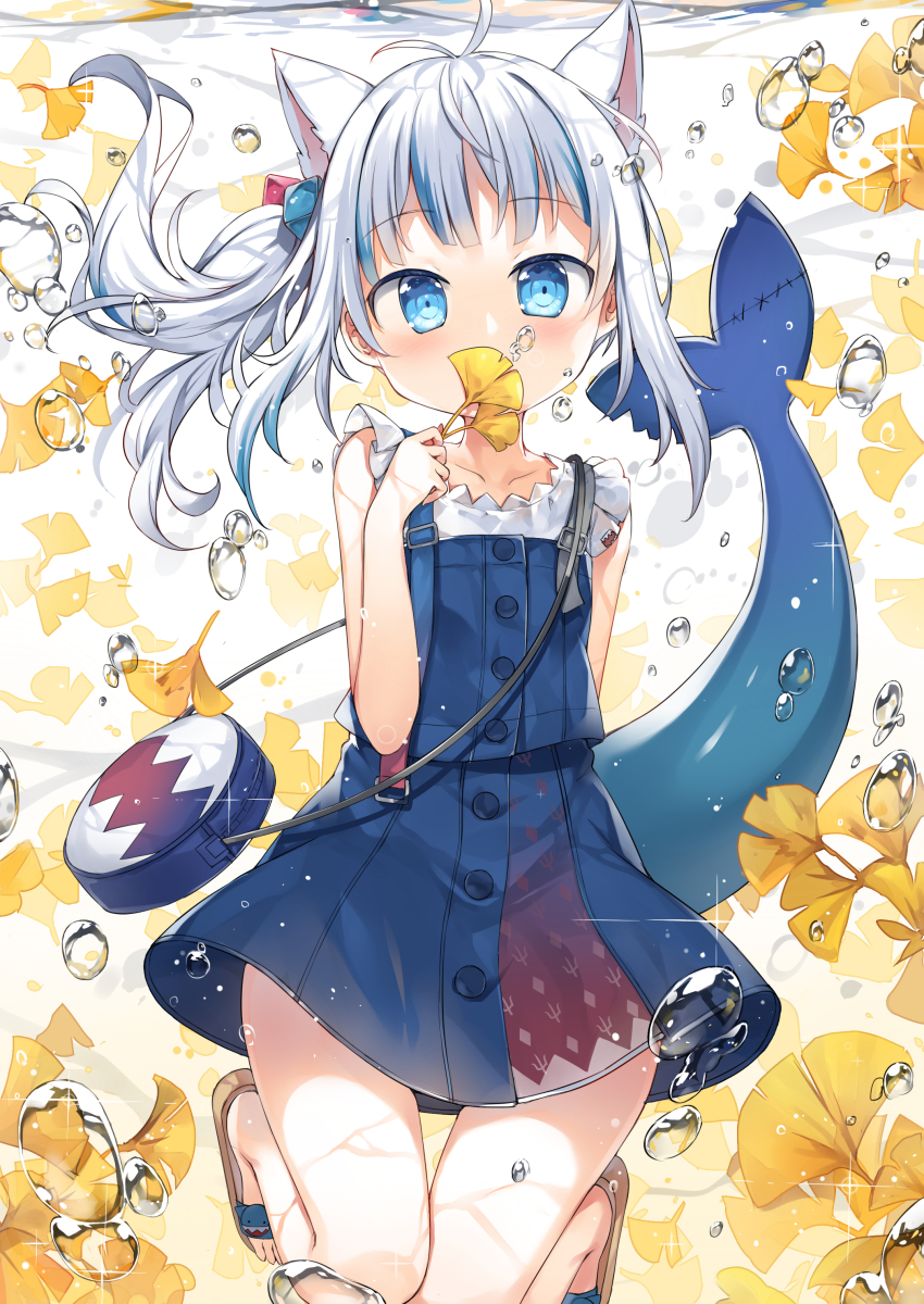 1girl animal_ears bag blue_eyes casual cat_ears commentary_request covering_mouth eyebrows_visible_through_hair fish_tail fred04142 gawr_gura ginkgo_leaf handbag highres holding holding_leaf hololive hololive_english kemonomimi_mode leaf long_hair looking_at_viewer one_side_up sandals shark_tail sidelocks solo suspenders tail underwater water_drop white_hair
