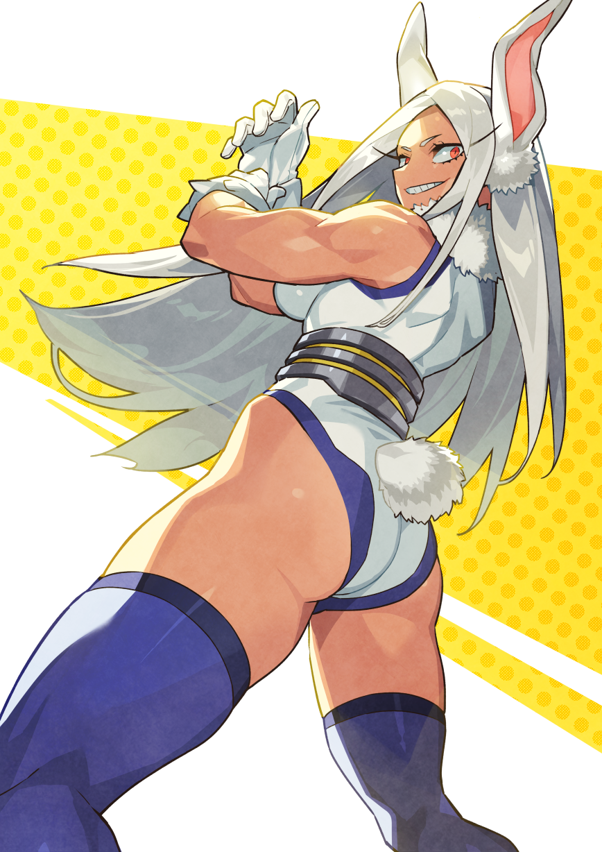 1girl adjusting_clothes adjusting_gloves animal_ears ass bare_shoulders boku_no_hero_academia breasts from_side fur_collar gloves grey_hair highres kin_niku leotard long_eyelashes long_hair looking_at_viewer looking_back mirko muscular parted_lips rabbit_ears rabbit_girl rabbit_tail red_eyes smile solo superhero tail tail_through_clothes tan thigh-highs toned very_long_hair