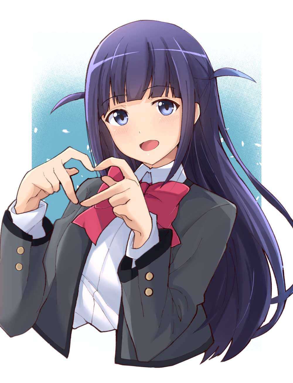 1girl ayumu_(ayumu3659) bangs blue_background blue_eyes blunt_bangs blush border bow bowtie collared_shirt commentary cropped_torso eyebrows_visible_through_hair gradient gradient_background grey_jacket hands_up heart heart_hands highres jacket light_particles long_hair long_sleeves looking_at_viewer open_clothes open_jacket open_mouth outside_border purple_hair red_neckwear school_uniform seishou_music_academy_uniform shirt shoujo_kageki_revue_starlight sidelocks smile solo tsuyuzaki_mahiru two_side_up upper_body white_border white_shirt