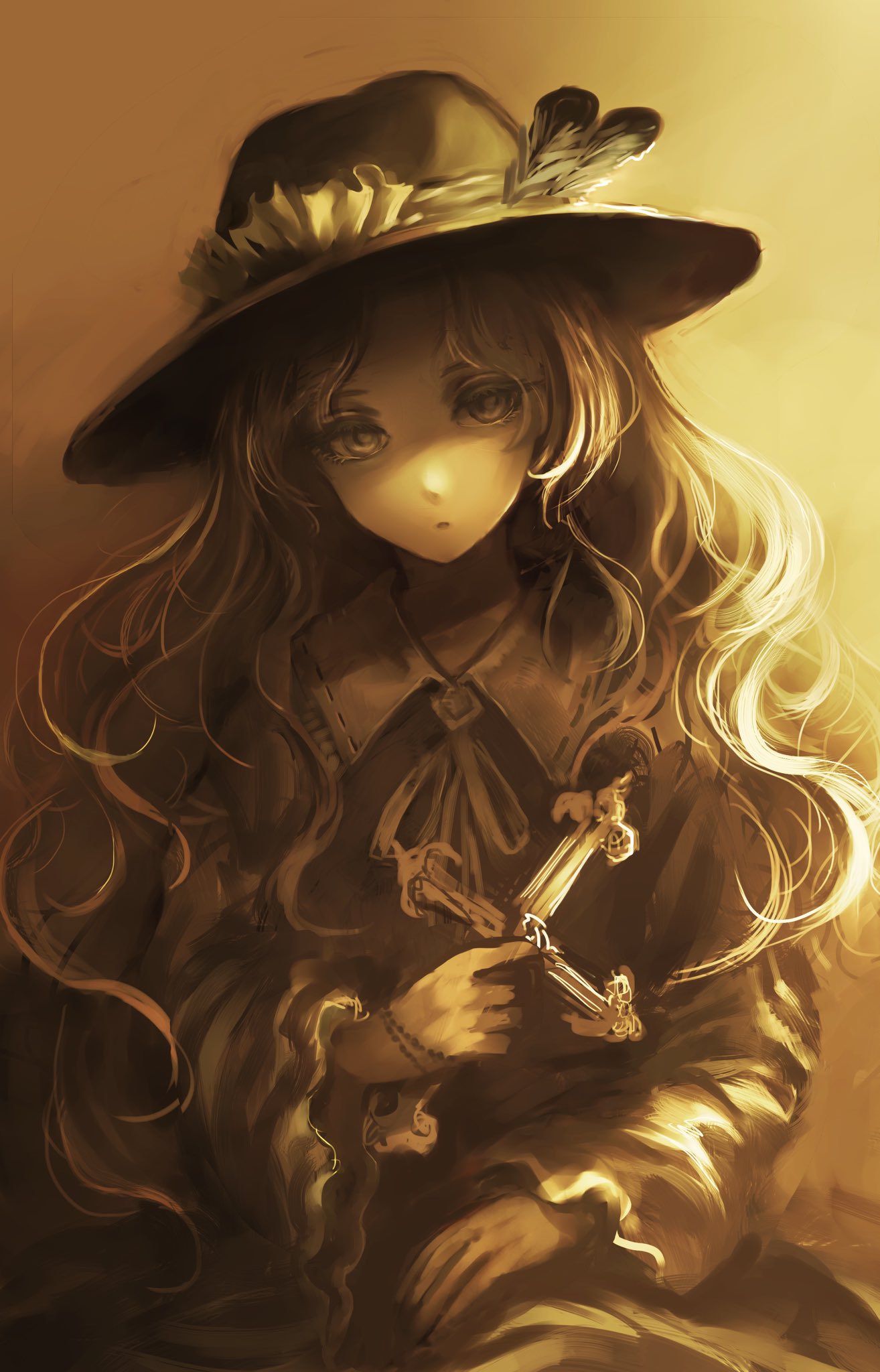 1girl bangs commentary_request cross dolls_in_pseudo_paradise dress expressionless frilled_shirt_collar frills gradient gradient_background hat hat_feather highres holding holding_cross jacket_girl_(dipp) kotonoman latin_cross long_hair long_sleeves looking_at_viewer monochrome parted_bangs parted_lips ribbon simple_background solo touhou upper_body very_long_hair wavy_hair wide_sleeves