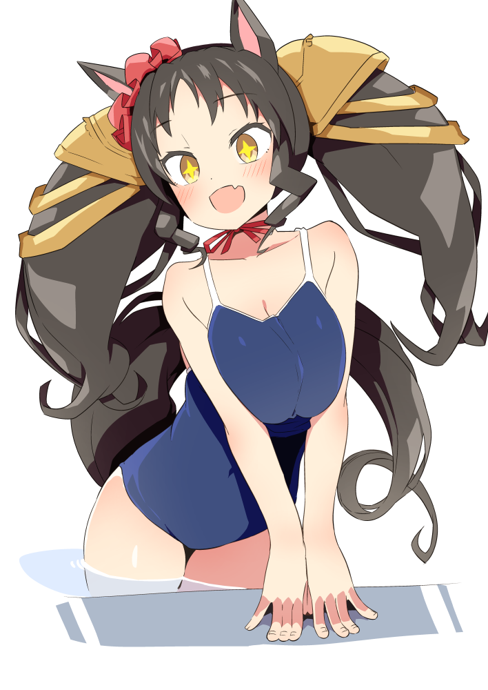 +_+ :d animal_ears black_hair breasts competition_school_swimsuit cropped_legs fang horse_ears horse_girl horse_tail marvelous_sunday_(umamusume) open_mouth oppai_loli pool poolside skin_fang smile swimsuit tail twintails umamusume white_background