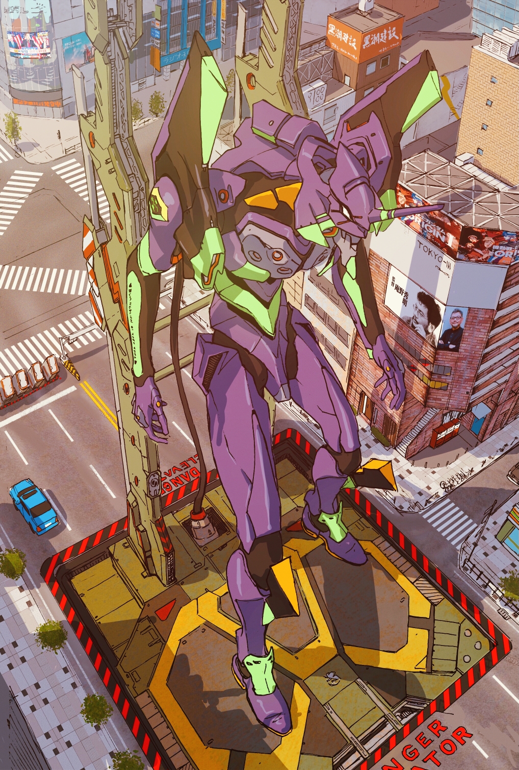 billboard car city cityscape commentary_request crosswalk day eva_01 from_above ground_vehicle highres mecha motor_vehicle neon_genesis_evangelion nights_(iovjat5tfuq3inz) no_humans outdoors rebuild_of_evangelion road scenery sidewalk street tree