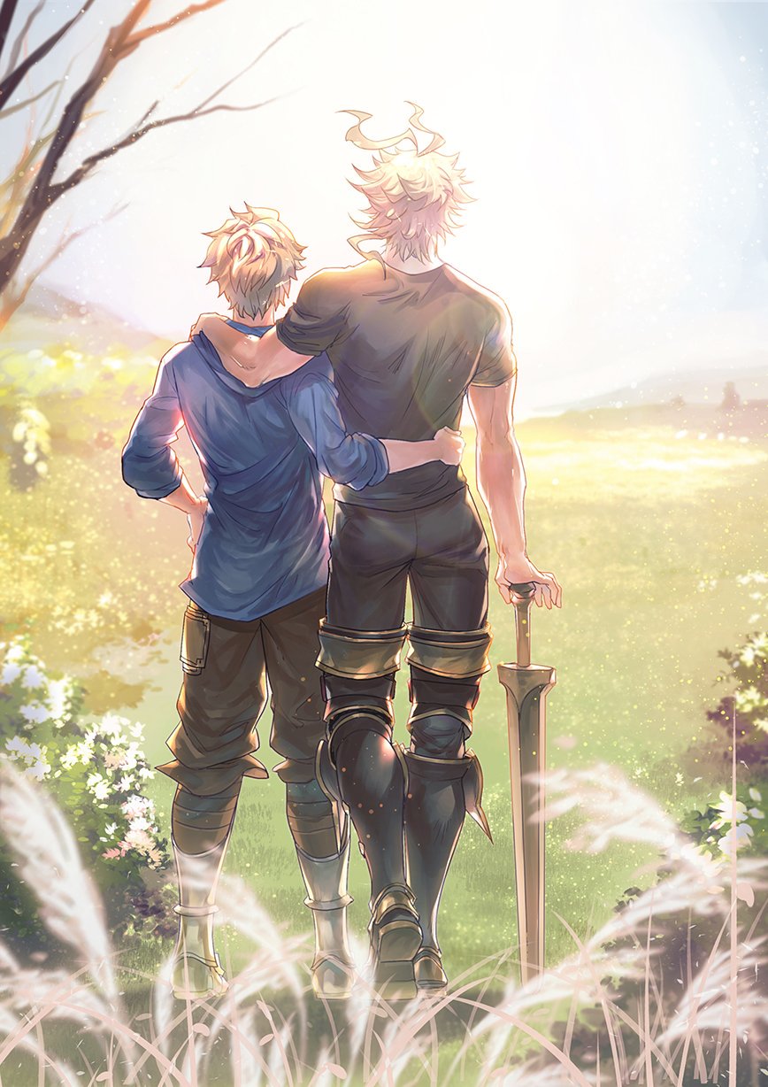 2boys armor armored_boots back black_pants black_shirt blonde_hair blue_shirt boots brown_hair brown_pants day gran_(granblue_fantasy) granblue_fantasy hand_on_another's_hip hand_on_another's_shoulder highres knee_boots male_focus multiple_boys outdoors pants quetzalliao scenery shirt siete sky sword t-shirt weapon