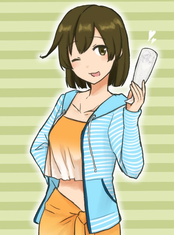 1girl ;d bikini brown_hair cardigan collarbone cup eyebrows_visible_through_hair frilled_bikini frills g;ass hiryuu_(kancolle) holding holding_cup hood hooded_sweater iwana kantai_collection looking_at_viewer official_alternate_costume one_eye_closed open_cardigan open_clothes open_mouth orange_bikini sarong short_hair simple_background smile solo striped striped_background striped_sweater sweater swimsuit wavy_mouth