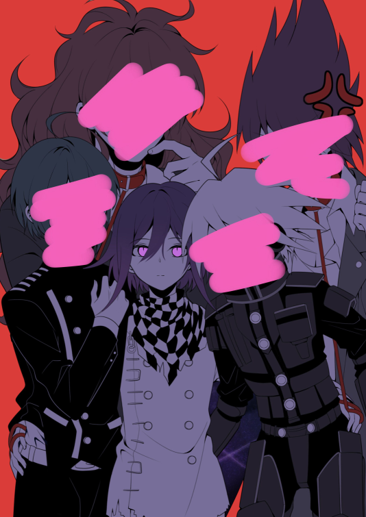 5boys ahoge anger_vein bangs black_jacket black_pants brown_hair buttons censored checkered collar collarbone commentary_request dangan_ronpa_(series) dangan_ronpa_v3:_killing_harmony double-breasted finger_to_own_chin gokuhara_gonta green_hair grey_hair grey_jacket hair_up hand_on_another's_hip hand_up jacket keebo leash long_hair looking_at_viewer male_focus messy_hair momota_kaito multiple_boys ouma_kokichi pants power_armor purple_hair qiao_xing red_background red_collar saihara_shuuichi shirt simple_background space_print starry_sky_print white_shirt