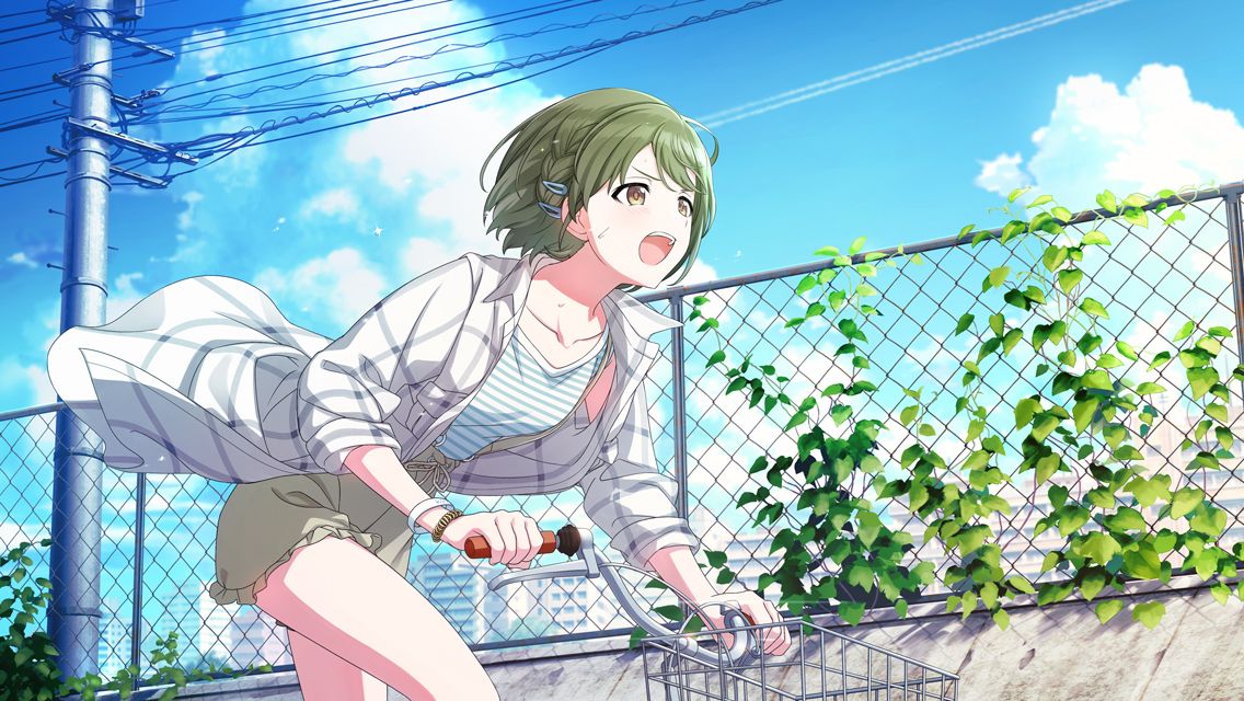 blush dress green_eyes green_hair idolmaster idolmaster_shiny_colors nanakusa_nichika short_hair smile