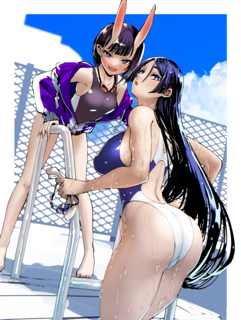 2girls :d :o arched_back ass back_cutout banned_artist breasts clothing_cutout covered_nipples demon_girl fate/grand_order fate_(series) goggles goggles_around_neck highres horns iwamoto_eiri jacket_partially_removed large_breasts leaning_forward legs_apart legs_together minamoto_no_raikou_(fate) multiple_girls open_mouth pool pool_ladder poolside purple_hair shuten_douji_(fate) small_breasts smile swimsuit violet_eyes wet wet_clothes wet_swimsuit
