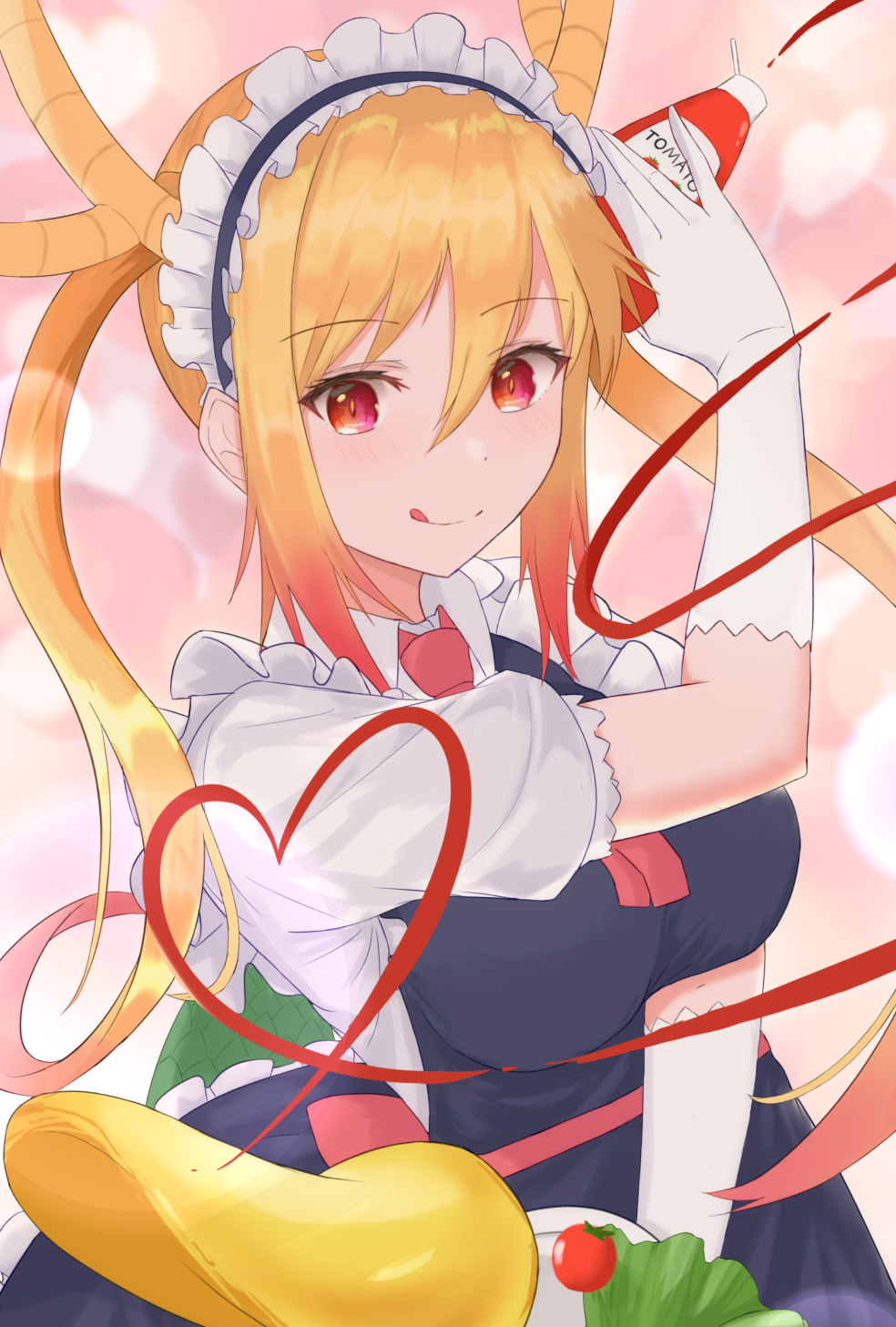 1girl bangs blonde_hair bottle breasts closed_mouth colored_tips dragon_girl dragon_horns dragon_tail eyebrows_visible_through_hair floating_hair frills gloves gradient_hair hair_between_eyes heart highres holding holding_bottle holding_plate horns ketchup ketchup_bottle kobayashi-san_chi_no_maidragon large_breasts licking_lips light_blush long_hair looking_at_viewer maid_headdress multicolored_hair necktie omelet orange_hair plate red_eyes salad short_necktie solo tail takoho_(frrh8747) tohru_(maidragon) tomato tongue tongue_out twintails upper_body white_gloves