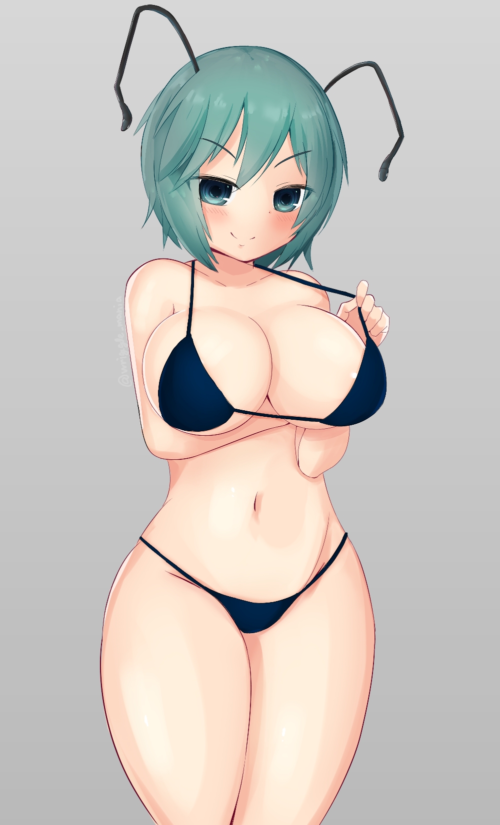 1girl antennae arm_under_breasts bangs bare_shoulders bikini blue_bikini blush breasts closed_mouth commentary_request cowboy_shot dot_nose eyebrows_visible_through_hair eyes_visible_through_hair green_eyes green_hair grey_background groin highres large_breasts looking_at_viewer nakimushi_(kynx3748) navel simple_background smile solo strap_pull swimsuit thighs touhou v-shaped_eyebrows wriggle_nightbug