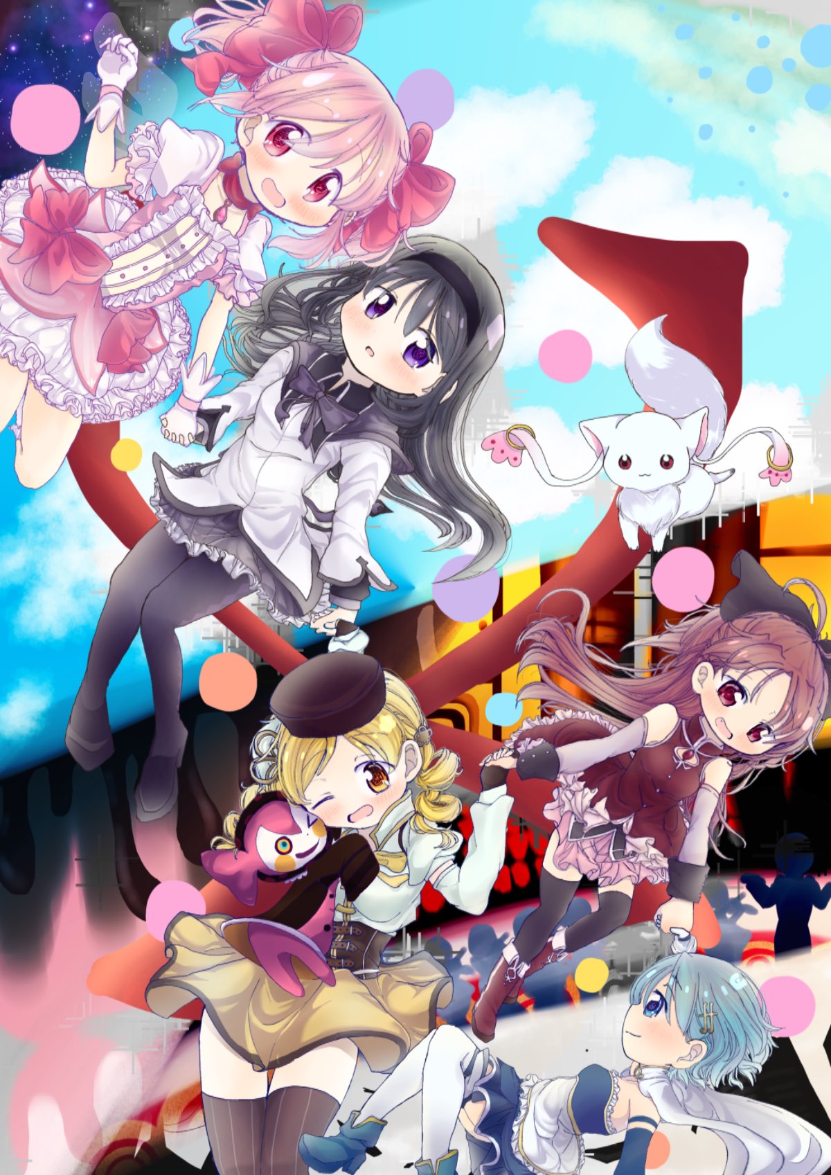 5girls akemi_homura bare_shoulders black_hair black_legwear blush bow bubble_skirt charlotte_(madoka_magica) cheese_ice15 gloves hair_ribbon hairband hand_up high_heels highres kaname_madoka kyubey long_hair looking_at_viewer magical_girl mahou_shoujo_madoka_magica miki_sayaka multiple_girls open_mouth pink_eyes pink_hair ponytail red_eyes redhead ribbon sakura_kyouko short_twintails skirt smile space tomoe_mami twintails violet_eyes white_gloves witch_(madoka_magica)