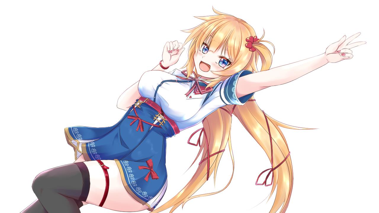 1girl akai_haato bangs blonde_hair blue_eyes blush breasts clenched_hand dutch_angle hair_ornament hair_ribbon heart heart_hair_ornament hololive konsune_(tengerium) large_breasts open_mouth red_nails ribbon simple_background smile sparkling_eyes thigh-highs thigh_strap v virtual_youtuber white_background zettai_ryouiki