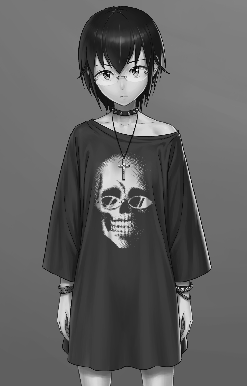 1girl alternate_costume arms_at_sides bangs bracelet casual closed_mouth collar collarbone commentary_request cross cross_necklace english_commentary expressionless flat_chest glasses grey_background greyscale highres ichikawa_masahiro jewelry komiyama_kotomi long_shirt long_sleeves looking_at_viewer mixed-language_commentary monochrome necklace print_shirt shirt short_hair simple_background single_bare_shoulder skull_print solo spiked_collar spikes standing watashi_ga_motenai_no_wa_dou_kangaetemo_omaera_ga_warui!