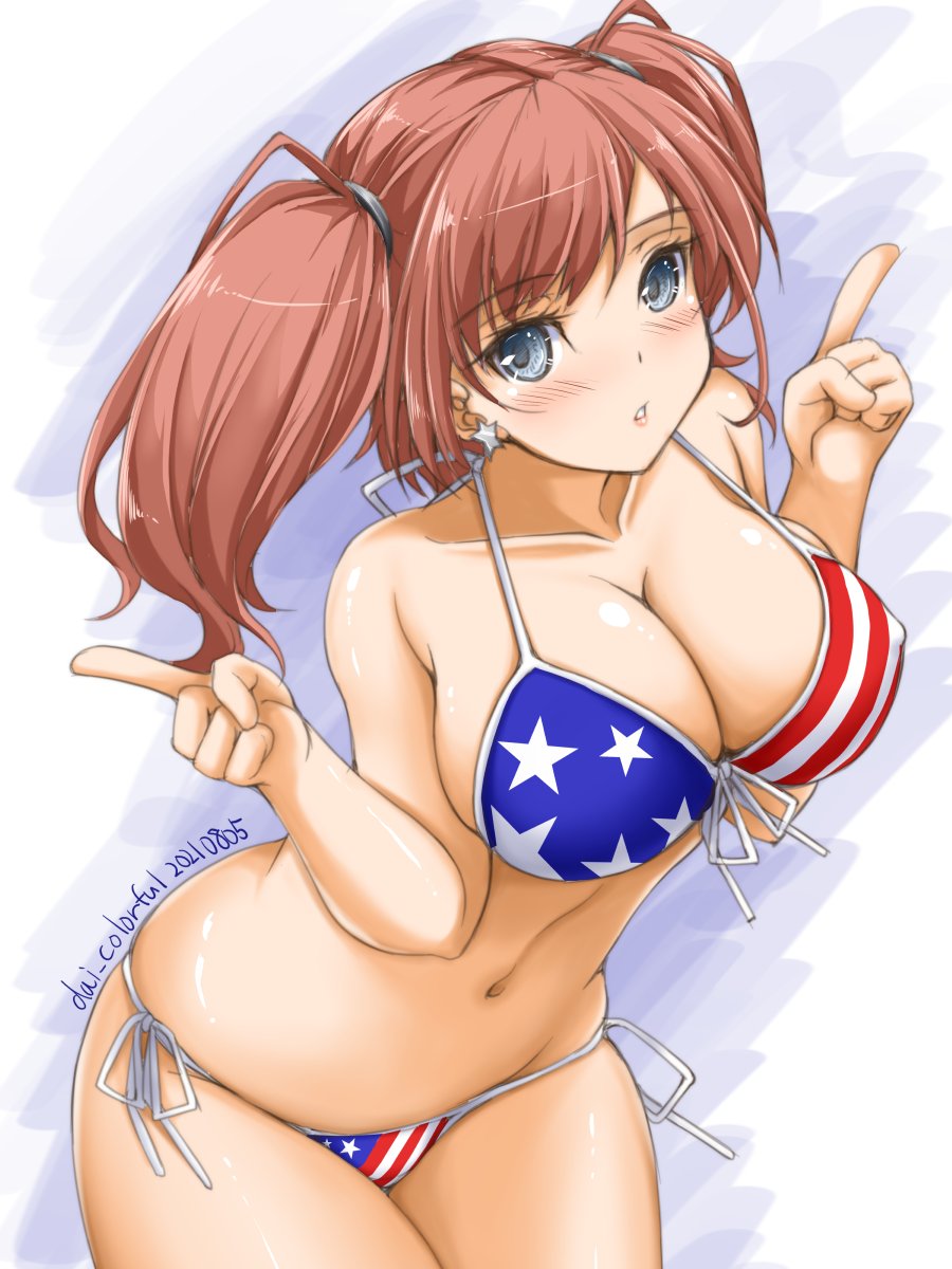 1girl akimoto_dai american_flag_bikini artist_name atlanta_(kancolle) bikini breasts brown_hair commentary_request cowboy_shot dated earrings flag_print grey_eyes highres index_fingers_raised jewelry kantai_collection large_breasts long_hair looking_at_viewer side-tie_bikini solo star_(symbol) star_earrings swimsuit two_side_up