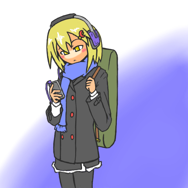 1girl :&lt; adapted_costume backpack bag black_clothes blonde_hair blue_background blush_stickers cellphone contemporary crescent crescent_hair_ornament feet_out_of_frame hair_ornament headphones kakinoki_mikan_(kari) listening_to_music lunasa_prismriver phone scarf short_hair smartphone solo touhou two-tone_background white_background winter_clothes yellow_eyes