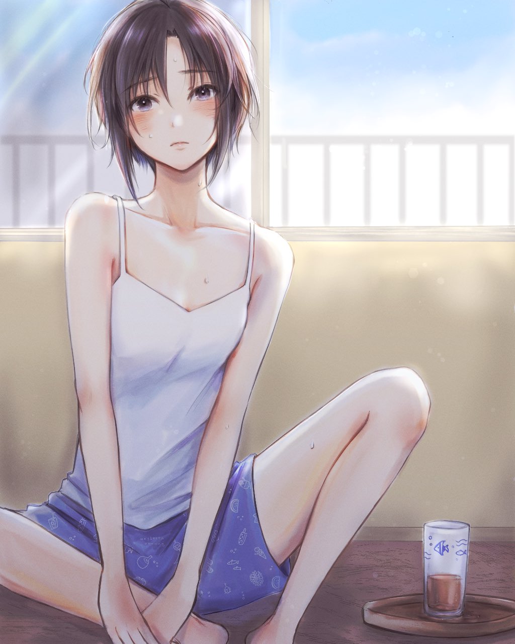 1girl antenna_hair balcony bangs bare_shoulders black_eyes black_hair blue_shorts blush breasts camisole collarbone commentary cup drink drinking_glass expressionless hair_between_eyes hand_on_own_foot highres idolmaster idolmaster_(classic) iso_(nh15mint) kikuchi_makoto looking_at_viewer messy_hair on_floor railing short_hair shorts sitting small_breasts solo spread_legs sweat tray white_camisole window