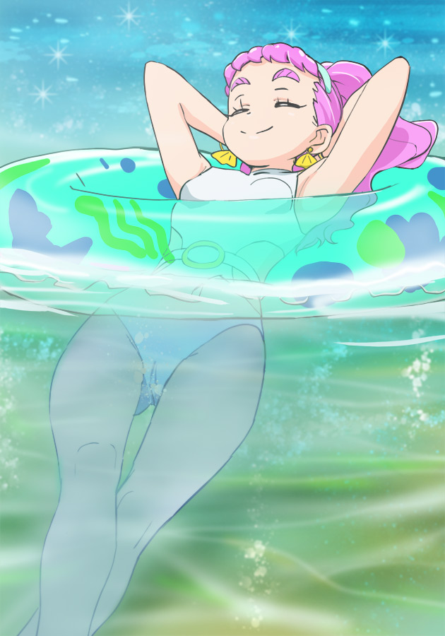 1girl breasts closed_eyes closed_mouth haruyama_kazunori innertube laura_la_mer long_hair one-piece_swimsuit partially_submerged pink_hair ponytail precure small_breasts smile solo swim_ring swimsuit thick_eyebrows tropical-rouge!_precure water white_one-piece_swimsuit