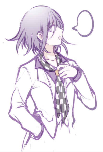 1boy :d bangs black_neckwear checkered checkered_neckwear collarbone commentary_request dangan_ronpa_(series) dangan_ronpa_10th_anniversary_costume dangan_ronpa_v3:_killing_harmony hand_in_pocket jacket long_sleeves male_focus necktie open_mouth ouma_kokichi pointy_nose profile purple_shirt qiao_xing shirt simple_background smile solo speech_bubble upper_body white_background white_jacket white_neckwear wing_collar