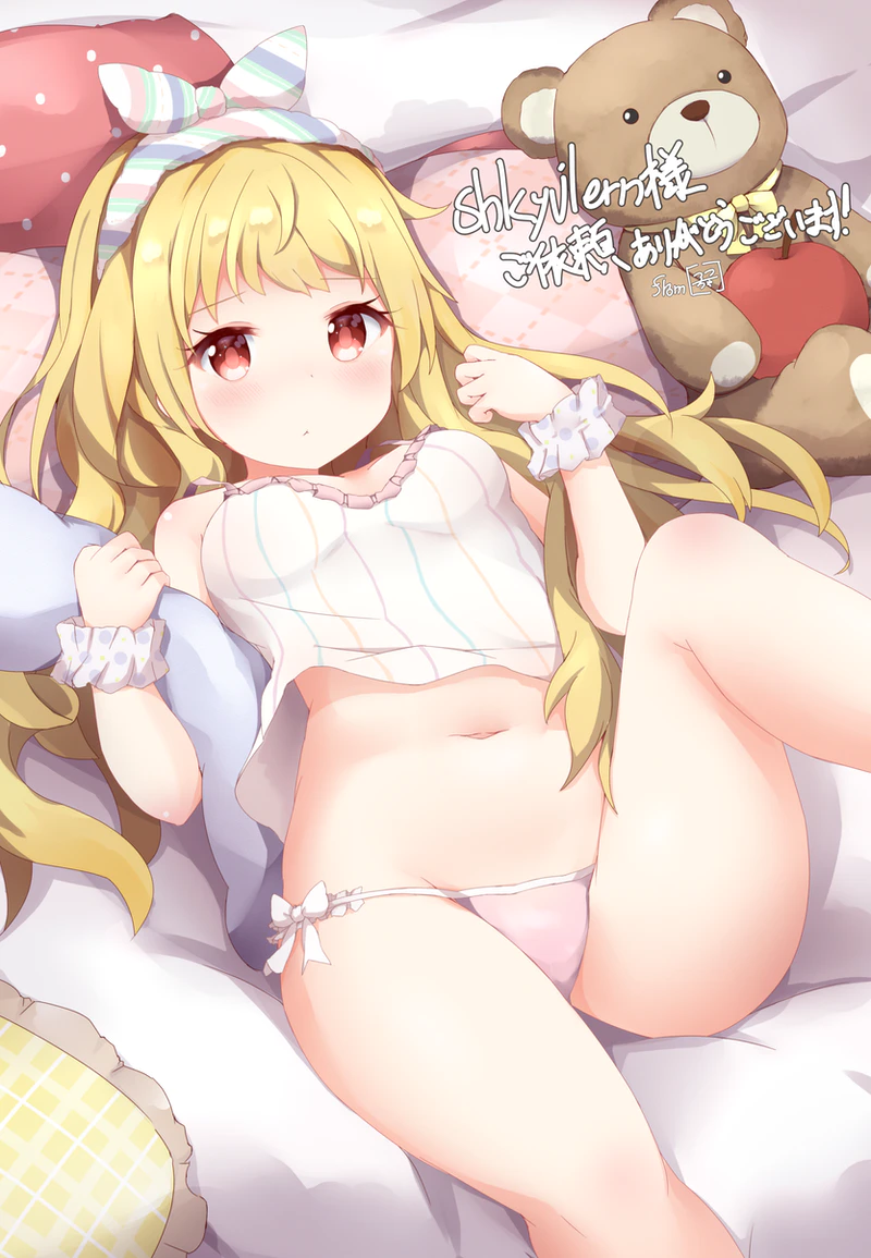 1girl :&lt; azur_lane bed blonde_hair breasts camisole commission groin hairband holding holding_pillow jenkins_(azur_lane) long_hair looking_at_viewer lying navel no_pants panties pillow purple_panties red_eyes ribbon ribbon-trimmed_panties side-tie_panties skeb_commission small_breasts solo stuffed_animal stuffed_toy teddy_bear thighs tutsucha_illust underwear wavy_hair white_ribbon wrist_cuffs