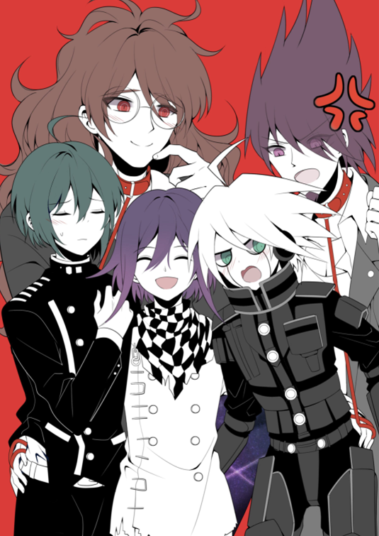 5boys :d ahoge alternate_hair_color anger_vein bangs blush brown_jacket buttons checkered checkered_neckwear checkered_scarf collar commentary_request dangan_ronpa_(series) dangan_ronpa_v3:_killing_harmony double-breasted facing_viewer glasses gokuhara_gonta green_eyes green_hair hair_between_eyes hand_on_another's_hip hand_up happy jacket keebo leash long_hair male_focus momota_kaito multiple_boys open_mouth ouma_kokichi pale_skin power_armor purple_hair qiao_xing red_background red_collar red_eyes round_eyewear saihara_shuuichi scarf simple_background smile space_print starry_sky_print straitjacket sweatdrop