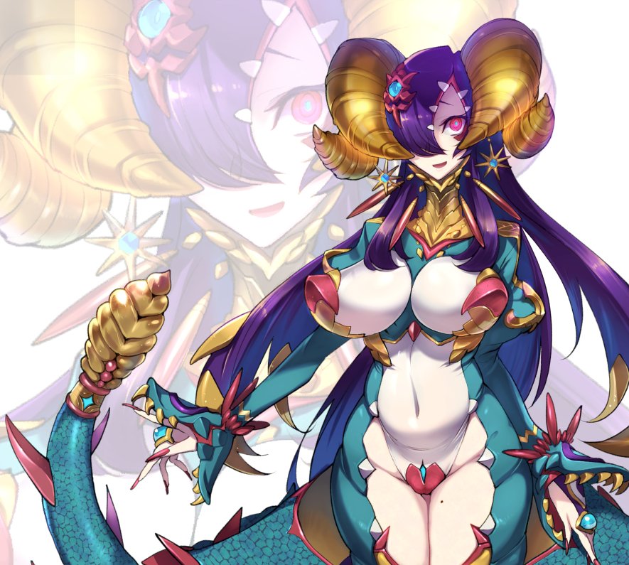 1girl :d blue_pupils bright_pupils colored_skin curled_horns earrings fingernails gargorgon hair_over_one_eye horns jewelry juliet_sleeves long_fingernails long_hair long_sleeves looking_at_viewer mole mole_on_thigh monster_girl multiple_horns navel one_eye_covered open_mouth personification pink_eyes pointy_breasts puffy_sleeves purple_hair red_nails smile solo standing tail thigh_gap ultra_kaijuu_gijinka_keikaku ultra_series ultraman_x_(series) very_long_hair white_skin z-ton zoom_layer