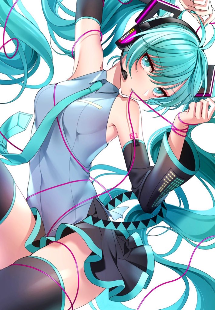 1girl aqua_eyes aqua_hair aqua_nails bangs bare_shoulders biting black_legwear breasts detached_sleeves dress eyebrows_visible_through_hair hatsune_miku headset long_hair looking_at_viewer maruchi necktie simple_background sleeveless sleeveless_dress solo teeth thigh-highs twintails very_long_hair vocaloid white_background