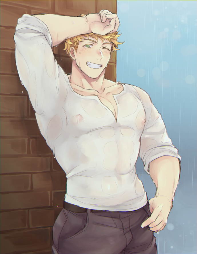 1boy ;d abs blonde_hair brown_pants covered_nipples granblue_fantasy green_eyes large_pectorals male_focus muscular muscular_male nipples one_eye_closed open_mouth pants pectorals rain sat_0804 see-through shirt short_hair smile solo teeth upper_body vane_(granblue_fantasy) wet wet_clothes white_shirt