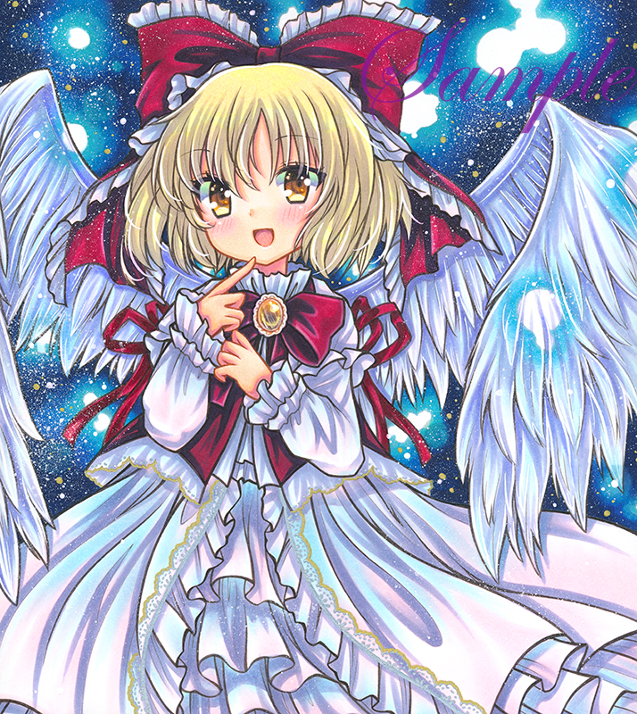 1girl bangs black_background blonde_hair blue_background blush bow brown_eyes dress eyebrows_visible_through_hair frills gem gengetsu_(touhou) hair_between_eyes hands_up jewelry long_sleeves looking_at_viewer marker_(medium) open_mouth red_bow red_neckwear rui_(sugar3) short_hair smile solo touhou touhou_(pc-98) traditional_media white_dress white_sleeves wings