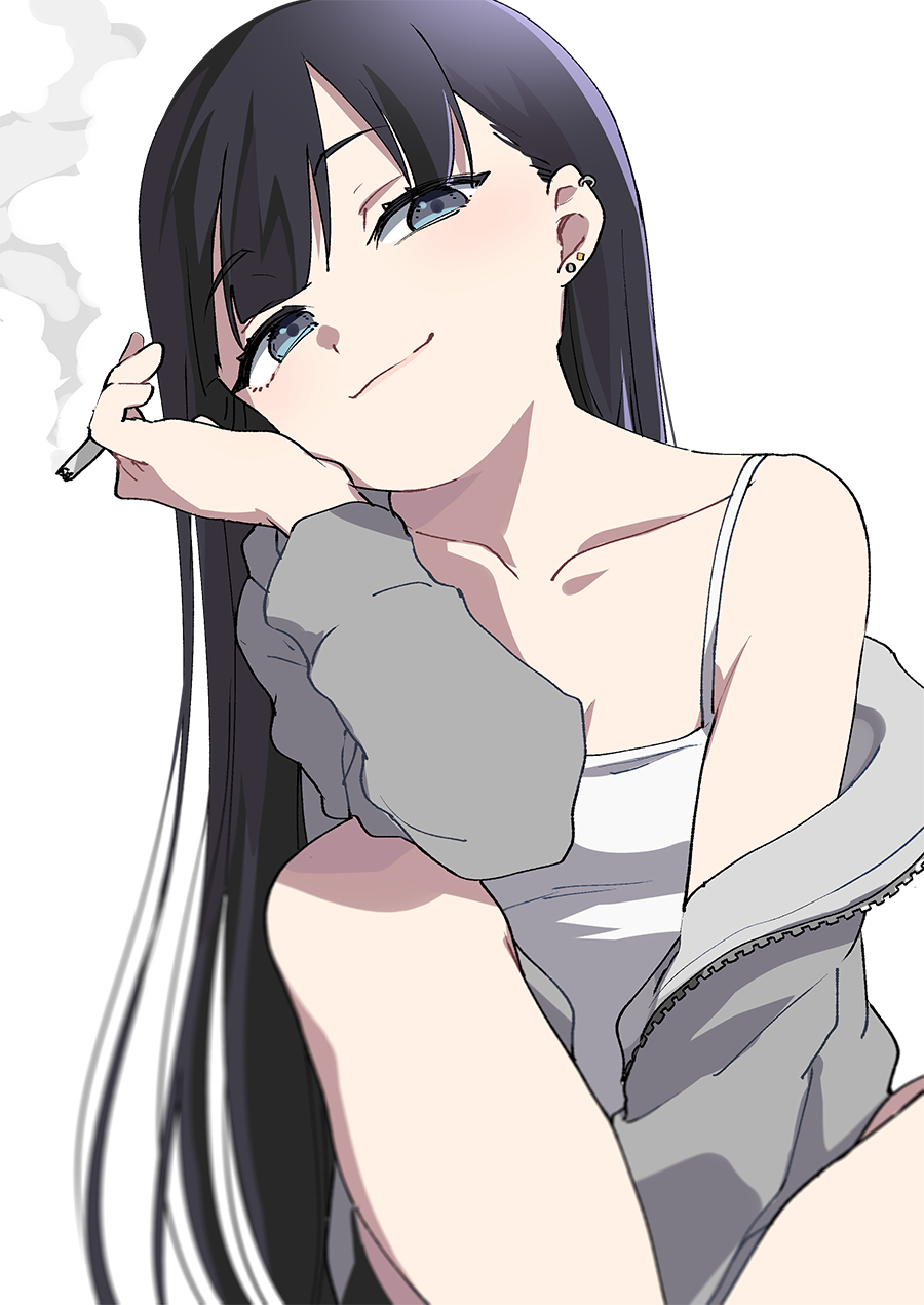 1girl arm_on_knee bangs bare_legs black_hair blue_eyes breasts camisole cigarette closed_mouth collarbone commentary_request ear_piercing earrings eyebrows_visible_through_hair feet_out_of_frame grey_jacket hand_on_own_chin highres holding holding_cigarette ica jacket jewelry long_hair long_sleeves looking_at_viewer off_shoulder open_clothes open_jacket original piercing simple_background small_breasts smile smoke smoking solo spaghetti_strap stud_earrings white_background white_camisole