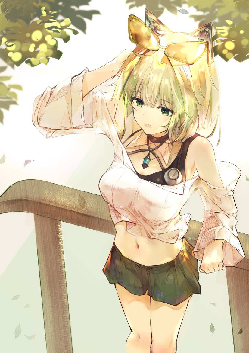 1girl animal_ears arknights bangs bare_legs black_bra black_skirt bra bra_strap breasts casual cat_ears chinese_commentary collarbone commentary_request day eyebrows_visible_through_hair eyewear_on_head falling_leaves feet_out_of_frame green_eyes green_hair hands_up jewelry kal'tsit_(arknights) leaf long_sleeves looking_away medium_breasts midriff miniskirt navel necklace noriya off_shoulder open_mouth outdoors shirt skirt solo stethoscope sunglasses underwear white_shirt