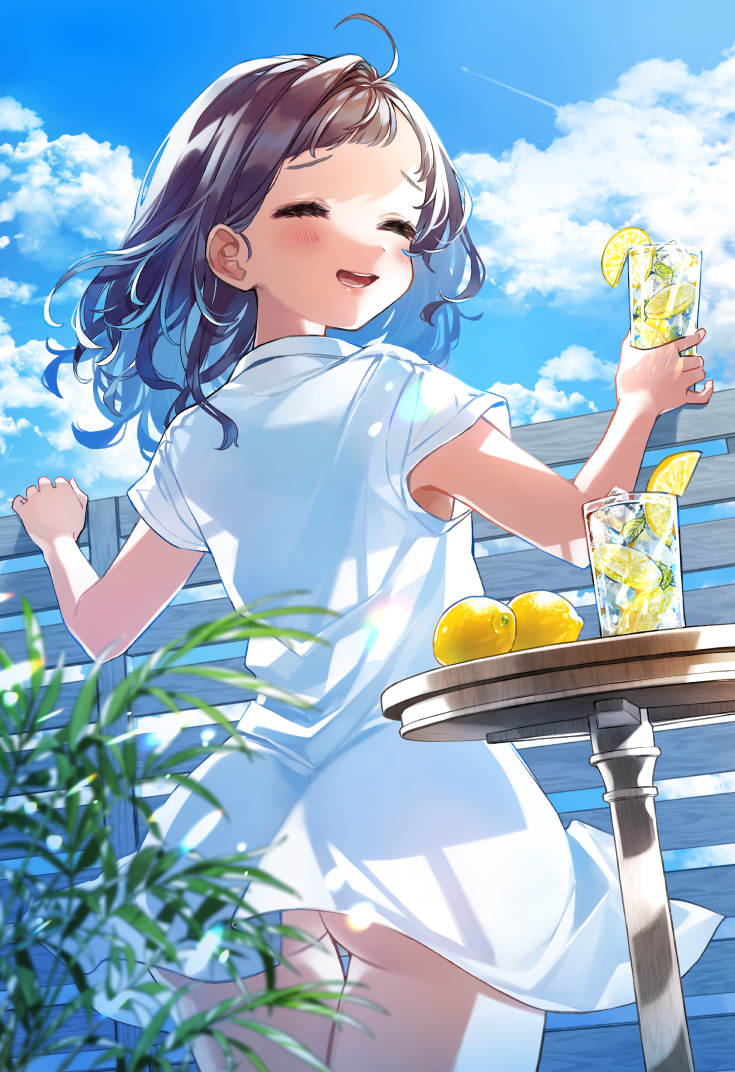 1girl :d ass bangs blue_sky blush brown_hair closed_eyes clouds cloudy_sky commentary_request condensation_trail cup day dress drinking_glass fence food fruit holding holding_cup kurihara_sakura lemon lemon_slice long_hair looking_at_viewer looking_back open_mouth original outdoors short_sleeves sky smile solo table thigh_gap white_dress