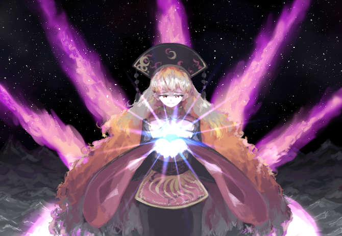 1girl bangs belt black_belt black_dress black_headwear blonde_hair bow chinese_clothes closed_mouth crescent dress energy hands_up hat junko_(touhou) long_hair long_sleeves night night_sky ocean pom_pom_(clothes) red_eyes red_vest sky smile solo star_(sky) starry_sky sunyup touhou vest water wide_sleeves yellow_bow yellow_neckwear