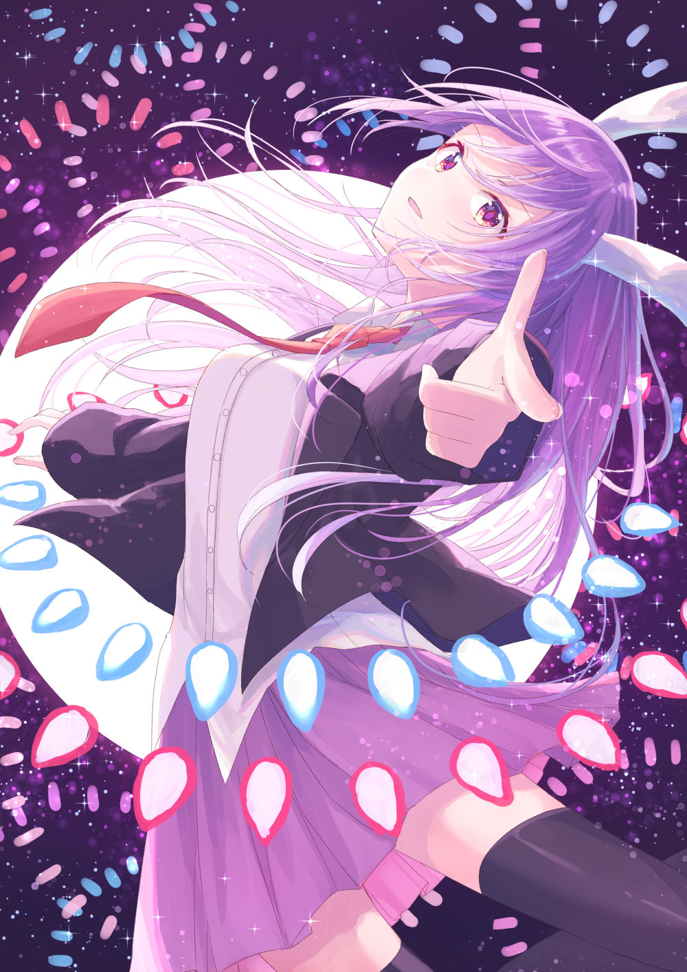 1girl animal_ears arms_up bangs black_legwear breasts buttons collar danmaku eyebrows_visible_through_hair flying hair_between_eyes hands_up highres holding jacket light long_hair long_sleeves looking_at_viewer medium_breasts moon moonlight necktie night night_sky open_mouth pink_skirt pointing pointing_at_viewer purple_sky rabbit_ears red_neckwear reisen_udongein_inaba shadow shiohari_kanna shirt skirt sky smile solo star_(sky) starry_sky thigh-highs touhou violet_eyes white_shirt
