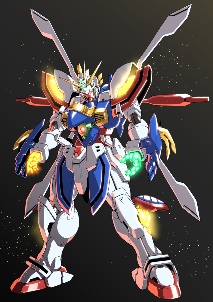 armor bakunetsu_god_finger energy_rings full_body g_gundam glowing glowing_eyes glowing_hand god_gundam green_eyes gundam mecha mechanization no_humans robot shining_finger shining_gundam shouji_nigou solo standing super_robot v-fin