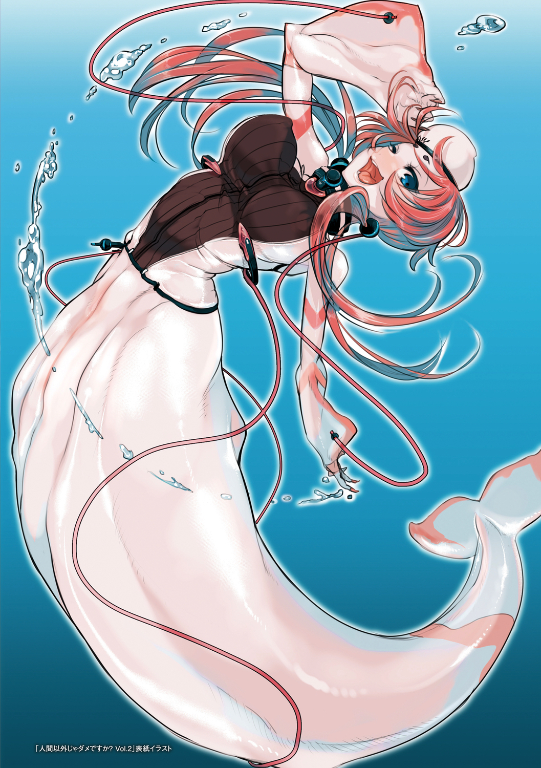 :d blue_background blue_eyes breasts brown_leotard colored_skin fins floating_hair hand_up highres large_breasts leotard long_hair looking_at_viewer low_twintails mermaid monster_girl multicolored multicolored_skin open_mouth original outline pink_hair pink_skin smile twintails underwater webbed_hands white_outline white_skin z-ton