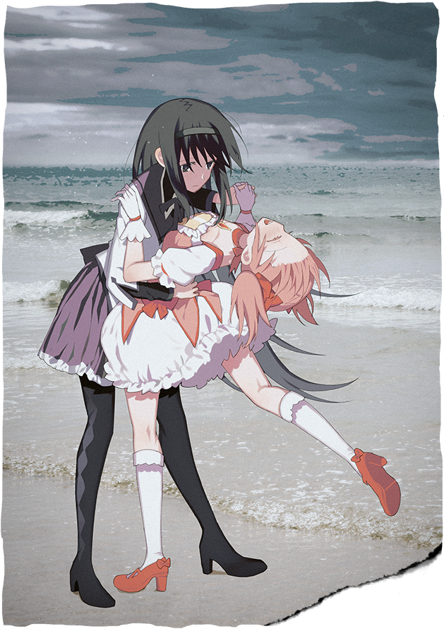 2girls akemi_homura argyle argyle_legwear arm_around_waist beach bent_over black_eyes black_hair black_hairband black_legwear black_ribbon bobby_socks bow bubble_skirt capelet center_frills choker closed_eyes clouds cloudy_sky collarbone colored_eyelashes commentary_request dancing expressionless eyelashes facing_viewer footwear_bow frilled_skirt frilled_sleeves frills full_body gloves grey_capelet grey_sky hair_ribbon hairband hand_on_another's_shoulder happy holding_hands jitome kaname_madoka korean_commentary laughing leg_up legs_apart light_blush light_particles long_hair long_sleeves looking_at_another looking_down mahou_shoujo_madoka_magica mary_janes multiple_girls neck_ribbon ocean outdoors pale_skin pantyhose parted_lips pc_(z_yu) pink_hair pleated_skirt puffy_sleeves purple_skirt red_bow red_footwear ribbon ribbon_choker ripples shoes shore skirt sky socks soul_gem standing standing_on_one_leg twintails upper_teeth waist_bow water waves white_gloves white_legwear white_skirt
