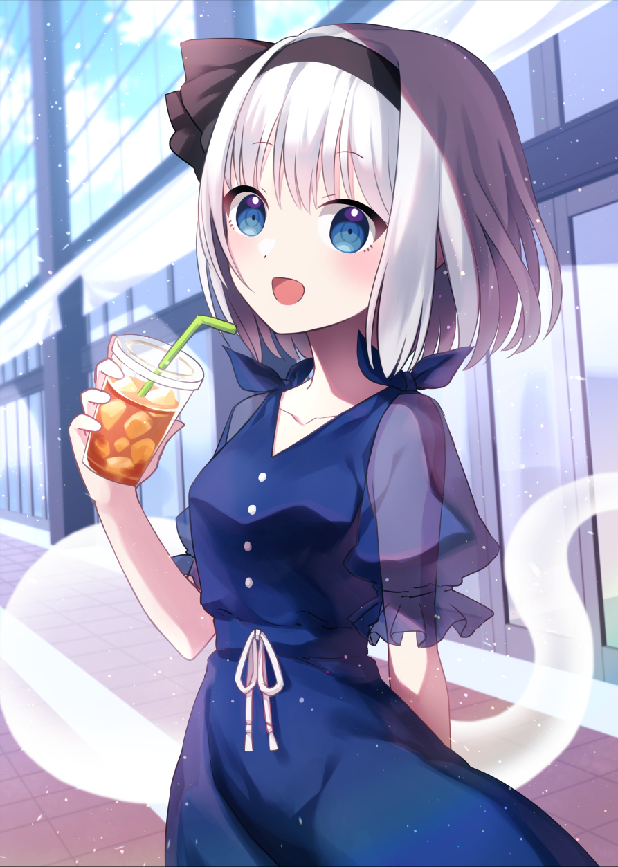 1girl bangs black_hairband blue_dress blue_eyes blue_sky bow breasts building buttons clouds cloudy_sky dress drink eyebrows_visible_through_hair ghost glass hair_between_eyes hairband hand_up highres konpaku_youmu konpaku_youmu_(ghost) looking_at_viewer medium_breasts myon_(phrase) open_mouth plate puffy_short_sleeves puffy_sleeves reflection road see-through_sleeves short_hair short_sleeves silver_hair sky skyscraper smile solo suzuno_naru touhou white_bow