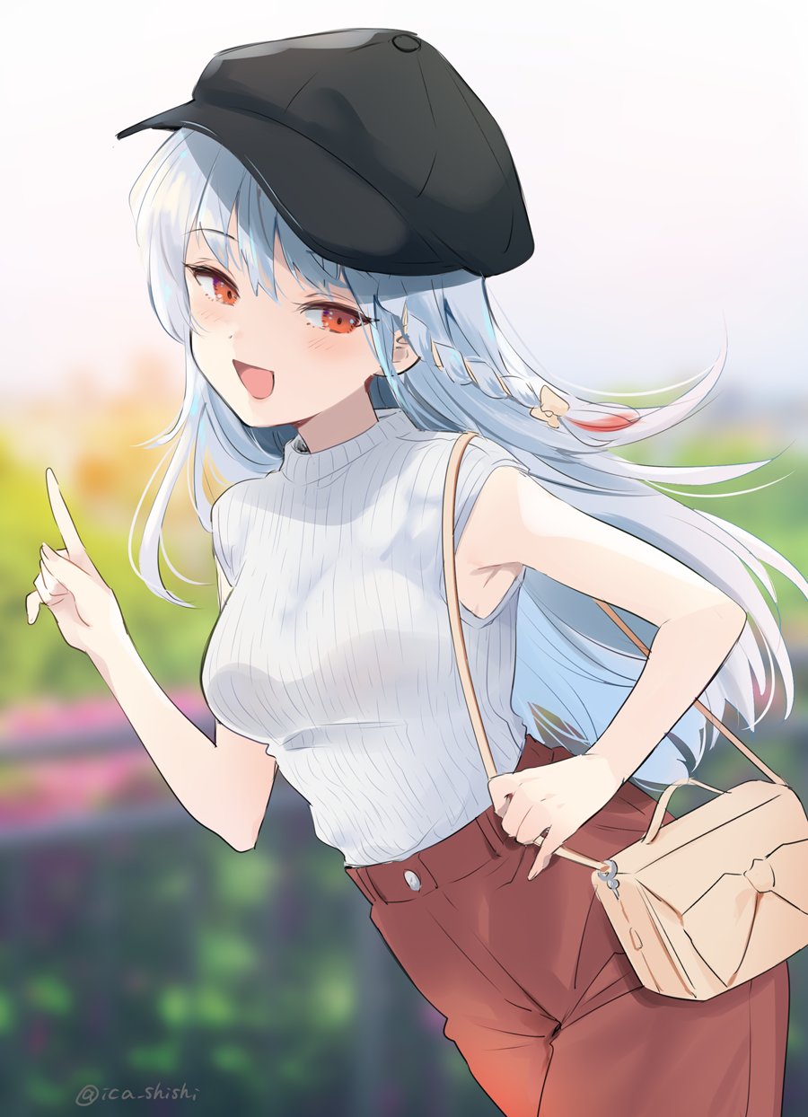 1girl bag bangs bare_arms black_headwear blue_archive blue_hair blurry blurry_background braid commentary cowboy_shot day eyebrows_visible_through_hair hand_up haruna_(blue_archive) hat highres ica index_finger_raised long_hair looking_at_viewer open_mouth orange_eyes outdoors pants red_pants ribbed_shirt shirt shirt_tucked_in shoulder_bag side_braid sleeveless sleeveless_shirt smile solo twitter_username white_shirt