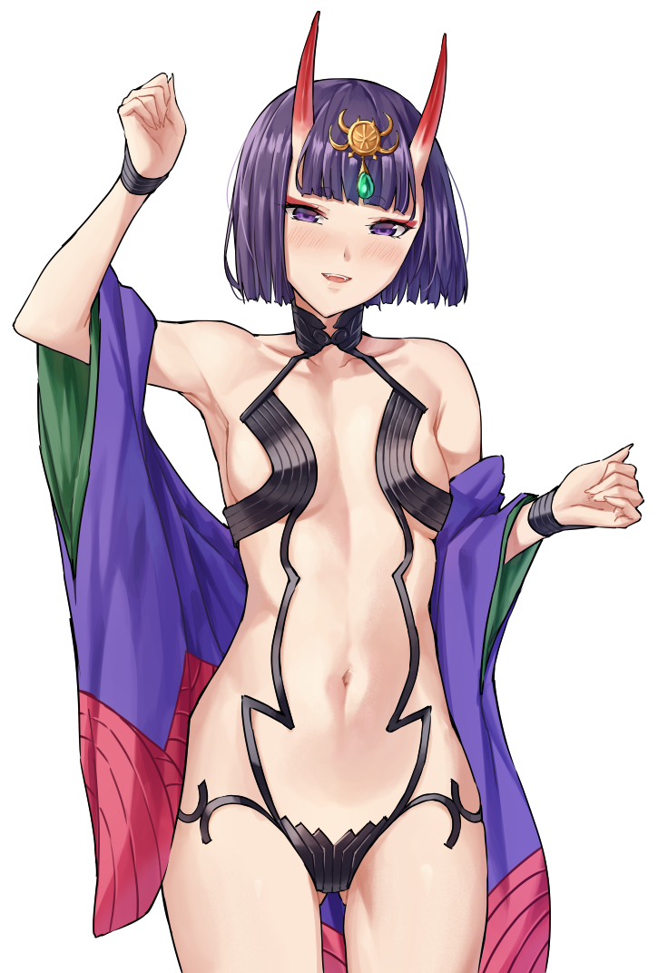 1girl armpits bare_shoulders blush bob_cut breasts eyebrows_visible_through_hair eyeliner fate/grand_order fate_(series) horns japanese_clothes jewelry kimono looking_at_viewer makeup navel oni oni_horns open_clothes open_kimono purple_hair purple_kimono revealing_clothes sarhce short_eyebrows short_hair shuten_douji_(fate) skin-covered_horns small_breasts smile solo violet_eyes wide_sleeves