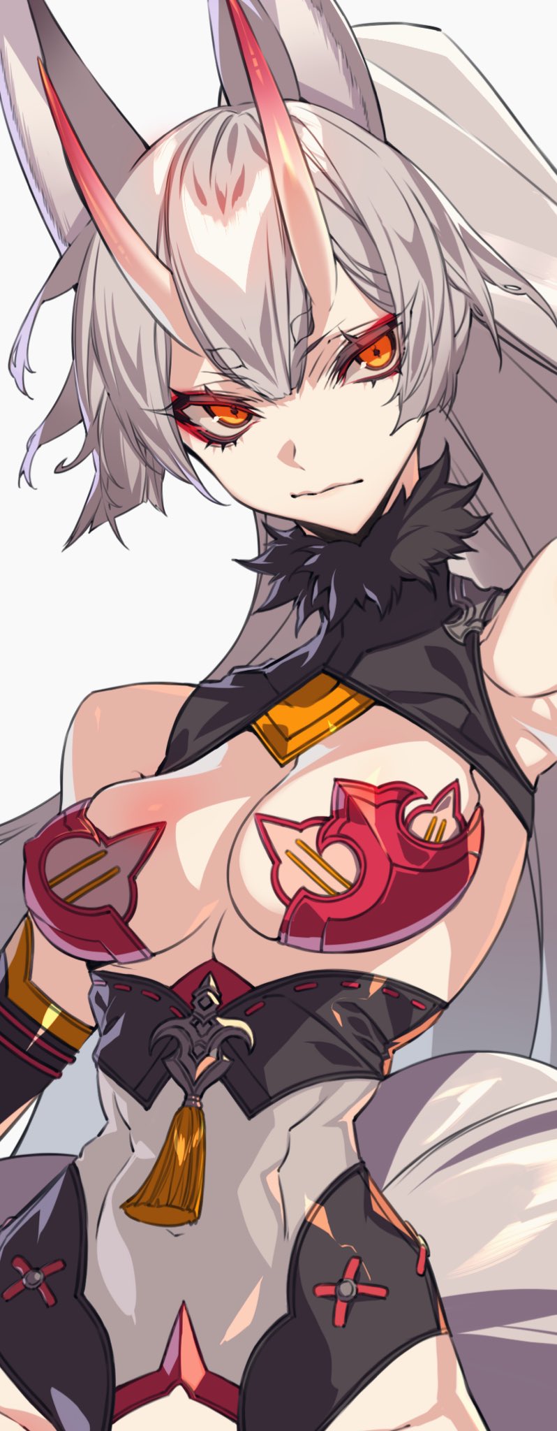 1girl animal_ears arm_up armpits bare_shoulders closed_mouth covered_navel covered_nipples cropped eyebrows_visible_through_hair eyes_visible_through_hair eyeshadow fox_ears fox_tail fur_trim grey_hair highres hoe-l horns long_hair makeup oni_horns orange_eyes original ponytail red_eyeshadow short_eyebrows simple_background skindentation solo tail tassel turtleneck white_background