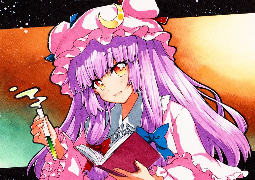 1girl :d bangs blue_bow book bow crescent crescent_pin eyebrows_visible_through_hair hair_bow hat holding holding_book holding_test_tube long_hair long_sleeves looking_at_viewer mob_cap multiple_bows open_book open_mouth orange_eyes patchouli_knowledge pink_headwear purple_hair qqqrinkappp red_bow smile solo touhou traditional_media upper_body wide_sleeves