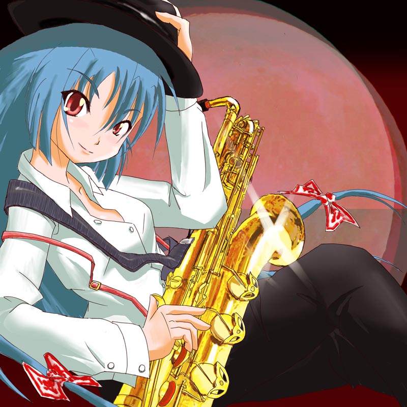 &gt;:) adapted_costume alternate_hair_color blue_hair bow dress_shirt fedora fujiwara_no_mokou glint hair_bow hat instrument long_hair looking_at_viewer northfox pants red_eyes saxophone shiny shirt smile solo strap suspenders touhou unbuttoned very_long_hair