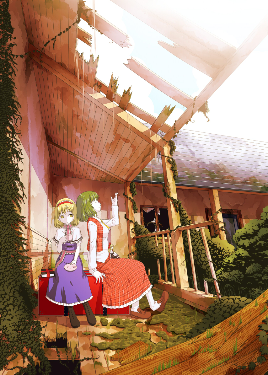 alice_margatroid ascot blonde_hair book capelet captain_freedom closed_eyes cup green_hair hairband house kazami_yuuka loafers plaid plaid_skirt plaid_vest ruins saucer shanghai_doll shoes sitting skirt skirt_set teacup touhou veranda yellow_eyes