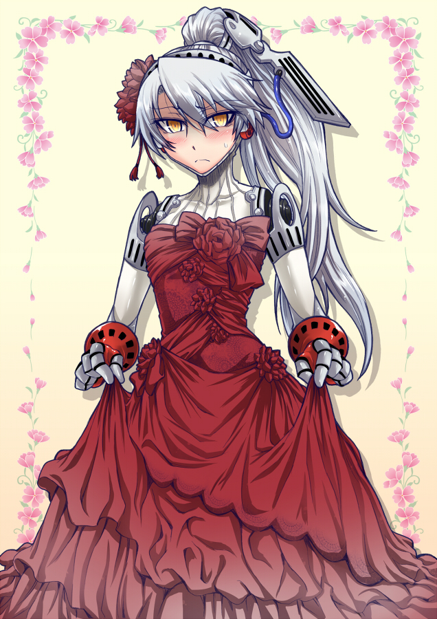 1girl android aqua_hair bare_shoulders blue_hair blush dress labrys long_hair persona persona_4:_the_ultimate_in_mayonaka_arena ponytail red_dress robot_joints segami_daisuke solo wedding_dress yellow_eyes