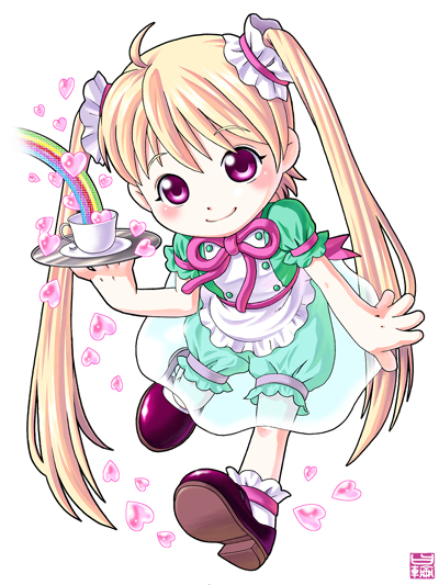 blonde_hair child cup heart hinowa_you long_hair original pink_eyes rainbow smile solo teacup tray twintails