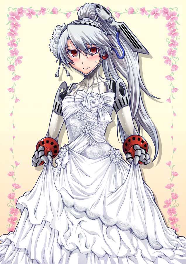 1girl android aqua_hair bare_shoulders blue_hair blush dress labrys long_hair persona persona_4:_the_ultimate_in_mayonaka_arena ponytail red_eyes robot_joints segami_daisuke smile solo wedding_dress