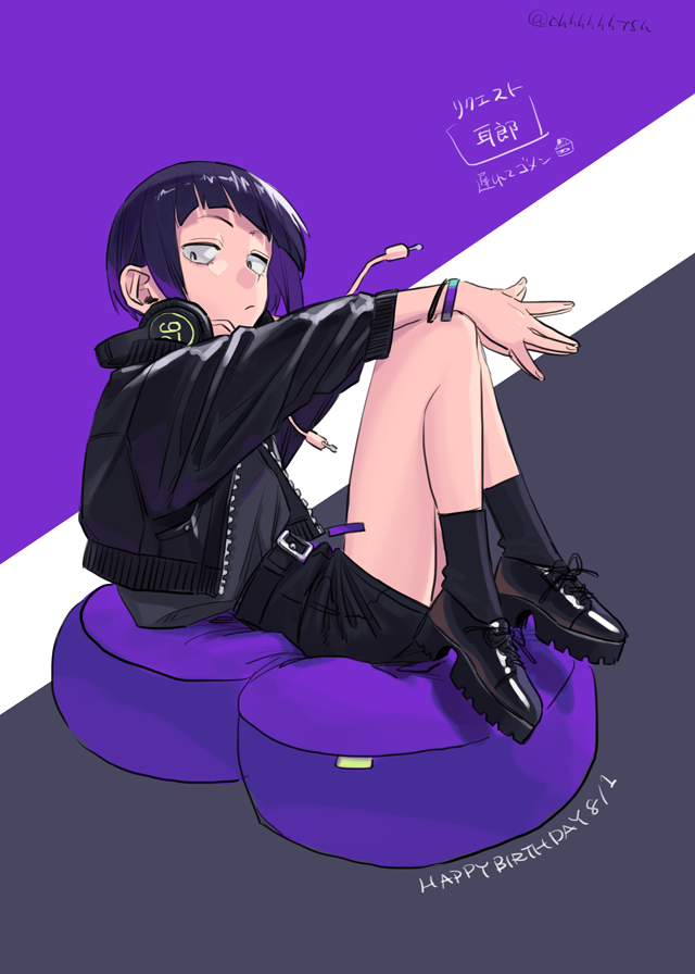 artist_name asymmetrical_bangs audio_jack bangs belt birthday black_background black_belt black_footwear black_hair black_legwear black_shirt black_shorts boku_no_hero_academia bracelet closed_mouth commentary cushion hands_on_own_knees headphones headphones_around_neck jewelry jirou_kyouka knees_up light_frown long_earlobes looking_at_viewer ohhhhhhtsu purple_background purple_hair raised_eyebrows shiny_footwear shirt shoes short_hair shorts sitting socks translated twitter_username